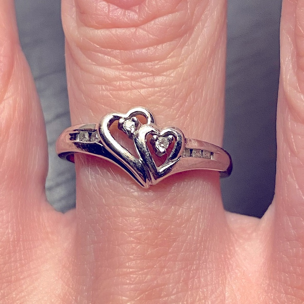 White gold twin hearts ring with diamonds- size 6